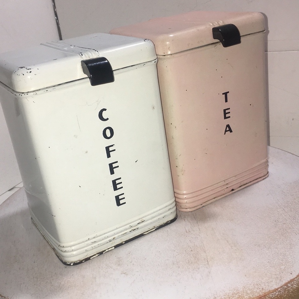 Vintage aluminum coffee & tea canister set“Kreamer”off white coffee/pink tea